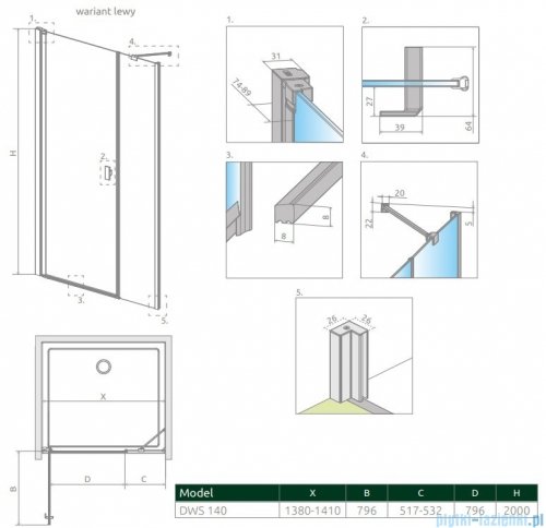 Radaway Nes Dws drzwi wnękowe 140cm lewe szkło przejrzyste rysunek techniczny
