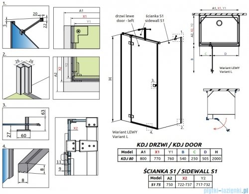 Radaway Essenza Brushed Gold Kdj+S kabina 75x80x75cm lewa szczotkowane złoto 1384049-01-01/1385021-99-01L/1384049-01-01