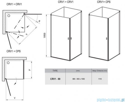 Ravak Chrome CRV1 drzwi prysznicowe 1/2 90cm aluminium transparent 1QV70C01Z1