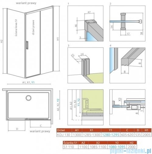 Radaway Idea Kdj Brushed Nickel kabina 130x110cm prawa szczotkowany nikiel 387043-91-01R/387053-91-01L