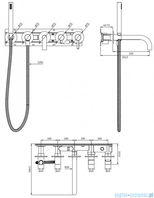 Omnires Y bateria wannowa 5-otworowa podtynkowa z długą wylewką chrom Y1237/1CR