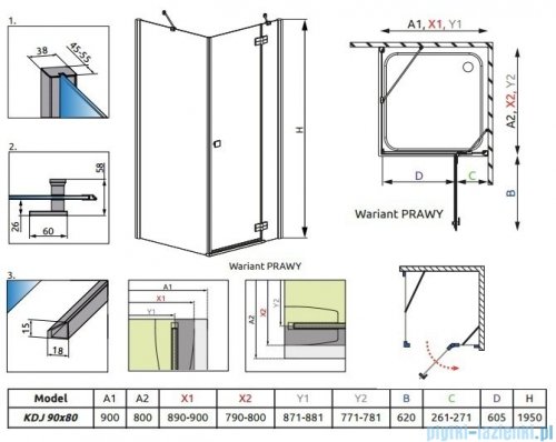 Almatea KDJ Radaway Kabina prysznicowa 90x80 prawa szkło intimato 32148-01-12NR