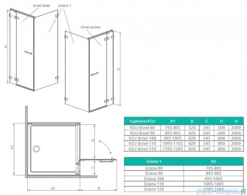 Radaway Euphoria KDJ Drzwi prysznicowe 120 lewe szkło przejrzyste 383812-01L/383240-01L