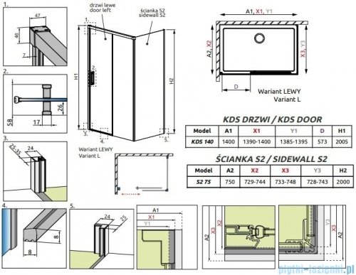 Radaway Idea Black Kds kabina prysznicowa 140x75 lewa czarny mat/szkło przejrzyste 10115140-54-01L/10117075-01-01