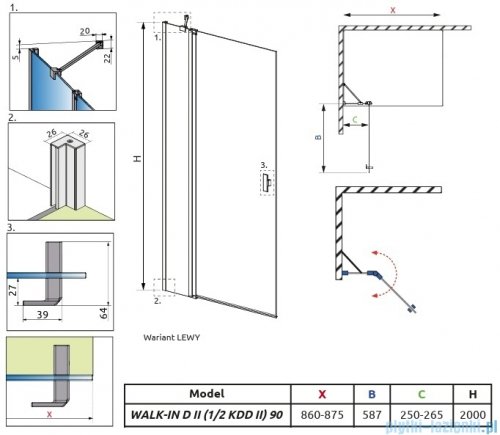 Radaway Nes KDD II Brushed Copper kabina walk-in 90cm lewa szczotkowana miedź szkło przejrzyste 10031090-93-01L