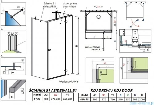 Radaway Essenza Black Kdj+S kabina 80x80x80cm prawa szkło przejrzyste 1384051-01-01/1385021-54-01R/1384051-01-01