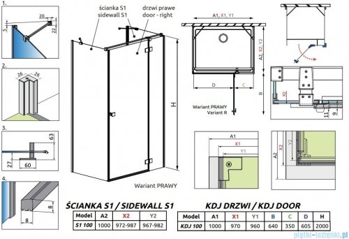 Radaway Essenza Kdj+S kabina 100x100x100cm prawa szkło przejrzyste 1384052-01-01/1385022-01-01R/1384052-01-01