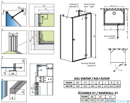Radaway Essenza Brushed Copper Kdj+S kabina 100x90x100cm prawa szczotkowana miedź 1384052-01-01/1385020-93-01R/1384052-01-01
