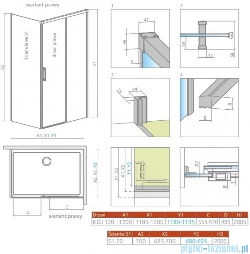 Radaway Idea Kdj Brushed Nickel kabina 120x70cm prawa szczotkowany nikiel 387042-91-01R/387048-91-01L