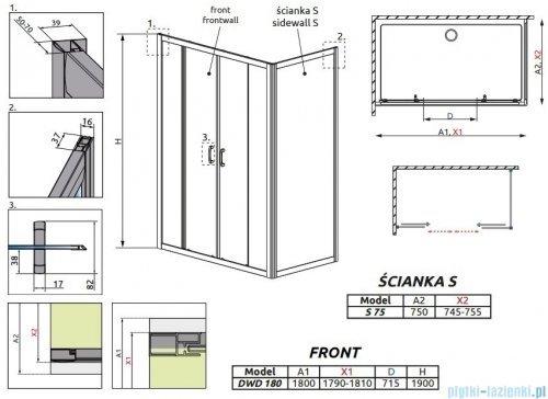 Radaway Premium Plus DWD+S kabina prysznicowa 180x75cm szkło przejrzyste 33373-01-01N/33402-01-01N