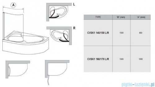 Ravak Rosa Chrome CVSK1 parawan nawannowy 160/170 prawy biały transparent 7QRS0100Y1