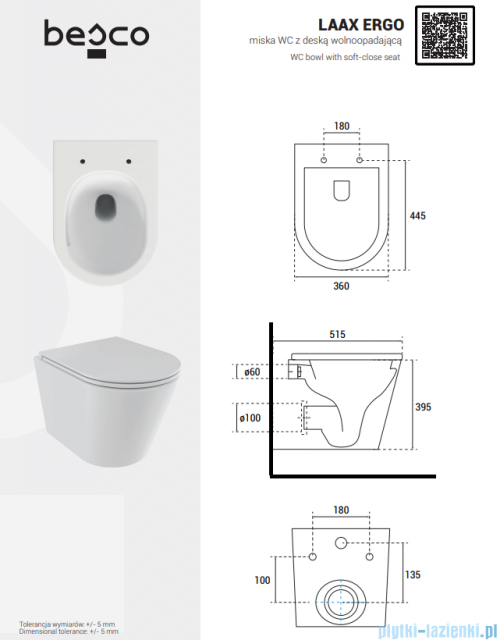 Besco Laax Ergo Matt Black miska WC wisząca + deska wolnoopadająca Laax Black czarny matt  #ZLAE-C-DLC