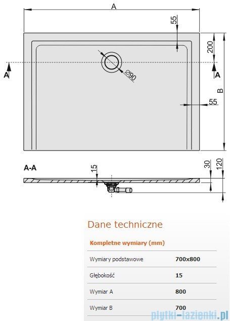 Sanplast Space Mineral brodzik prostokątny 80x70x1,5cm+syfon 645-290-0110-01-000