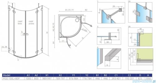 Radaway Essenza Pro Gold Pdd kabina 100x80cm złoty połysk/szkło przejrzyste 10095100-09-01L/10095080-09-01R