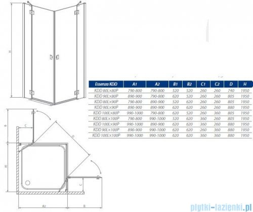 Radaway Kabina prysznicowa Essenza KDD 80x90 szkło przejrzyste 32875-01-01NR