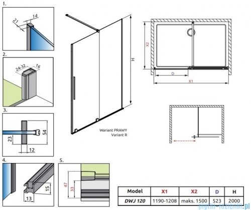 Radaway Furo Gold DWJ drzwi prysznicowe 120cm prawe szkło przejrzyste 10107622-09-01R/10110580-01-01