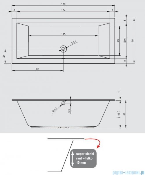 Riho Lugo wanna prostokątna 170x75 z hydromasażem Hit Hydro 6+4+2/Aero 11 BT01H3