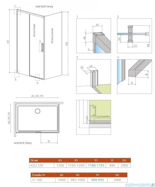 Radaway Idea Gold Kdj kabina 120x100cm lewa złoty połysk/szkło przejrzyste 387042-09-01L/387052-09-01R