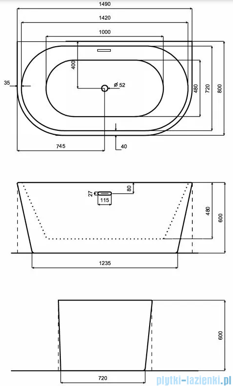 Besco Vica New wanna 170x80cm wolnostojąca przyścienna z przelewem szczelinowym slim syfon klik-klak czarny matt #WAS-170VNCZ