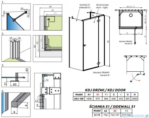 Radaway Essenza Brushed Gold Kdj+S kabina 75x100x75cm prawa szczotkowane złoto 1384049-01-01/1385022-99-01R/1384049-01-01