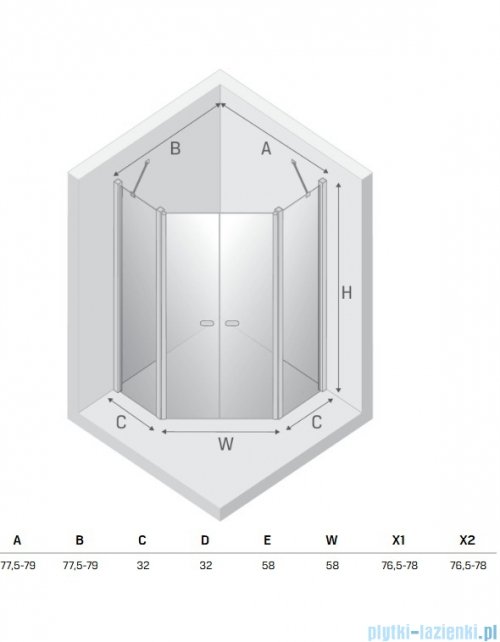 New Trendy New Soleo Light Gold 80x80x195 cm kabina pięciokątna drzwi podwójne wspornik skośny złoty połysk/szkło przejrzyste K-1667
