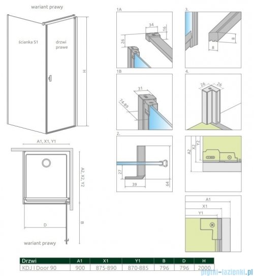 Radaway Nes Kdj I drzwi 90cm prawe szkło przejrzyste 10022090-01-01R