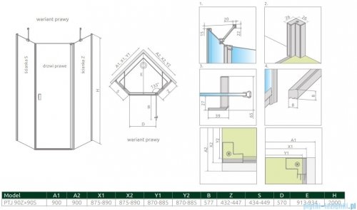 Radaway Nes Ptj kabina pięciokątna 90x90cm prawa szkło przejrzyste 10052000-01-01R/10052900-01-01