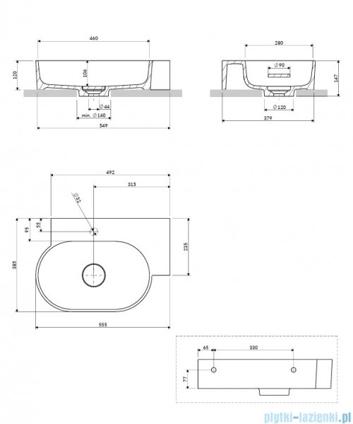 Omnires Ovo M+ umywalka nablatowa/wisząca prawa 55x38 cm  biały mat  OVO555UWPBM
