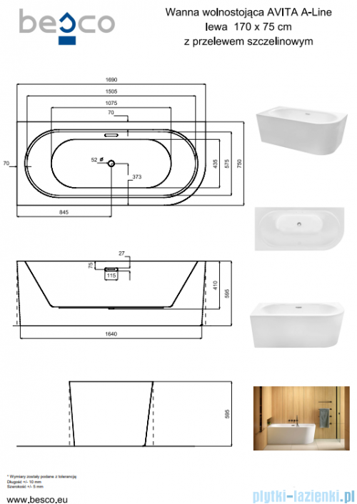 Besco Avita A-line 170x75cm wanna wolnostojąca przyścienna lewa akrylowa + syfon klik-klak gun metal grafit z przelewem slim #WAA-170ALGS