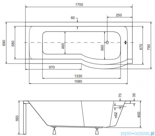 Besco Inspiro 170x70cm wanna z parawanem prawa + obudowa CZARNY mat + syfon CZARNY #WAI-170-PPR/#OAI-170-IIC/19977