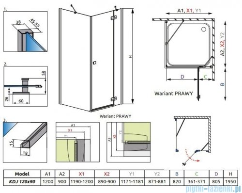 Radaway Kabina prysznicowa Almatea KDJ 120x90 prawa szkło grafitowe + brodzik Doros D + syfon 32144-01-05NR