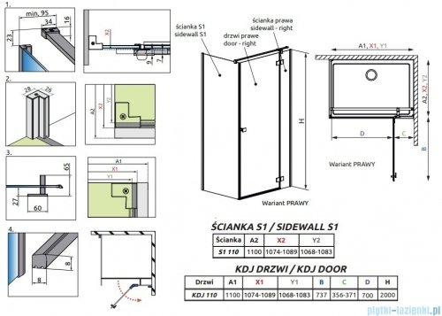 Radaway Essenza 8 Brushed GunMetal Kdj kabina 110x110cm prawa szczotkowany grafit 10480712-01-01R/10470337-92-01R/10113110-01-01