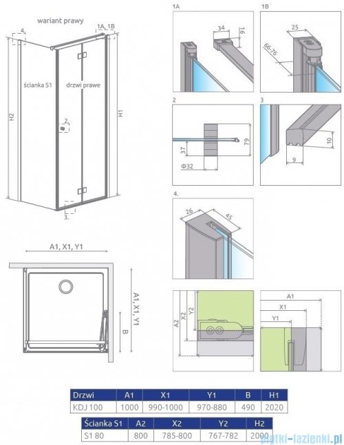 Radaway Essenza New KDJ-B kabina prysznicowa 100x80 prawa przejrzyste + brodzik Doros D + syfon 385083-01-01R/384051-01-01/SDRD1080-01