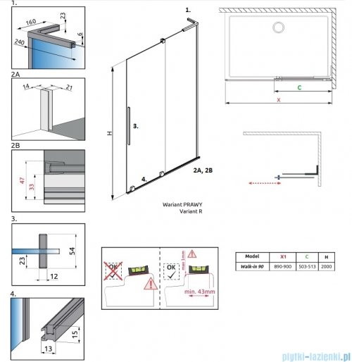 Radaway Furo SL Brushed Copper kabina Walk-in 90x200cm prawa szczotkowana miedź 10306488-93-01R/10110444-01-01