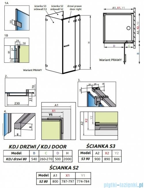 Radaway Euphoria KDJ P Kabina przyścienna 80x90x80 prawa szkło przejrzyste 383512-01R/383241-01R/383031-01/383035-01