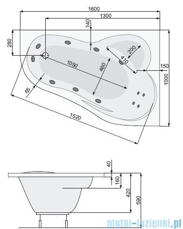Poolspa Wanna asymetryczna LEDA 160x100 prawa + nogi PWAH510ZN000000
