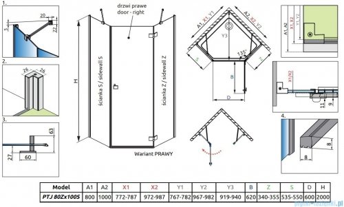 Radaway Essenza Ptj kabina pięciokątna 80x100cm prawa szkło przejrzyste 1385010-01-01R/1385054-01-01