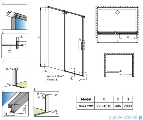 Radaway Drzwi wnękowe przesuwne Espera DWJ 100 lewe szkło przejrzyste + brodzik Delos C + syfon 380495-01L/380210-01L/SDC1010-01