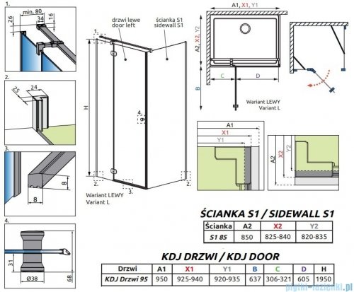 Radaway Torrenta KDJ kabina prysznicowa 95x85 lewa przejrzyste wspornik krzyżowy 133295-01-01L/1330085-01-01
