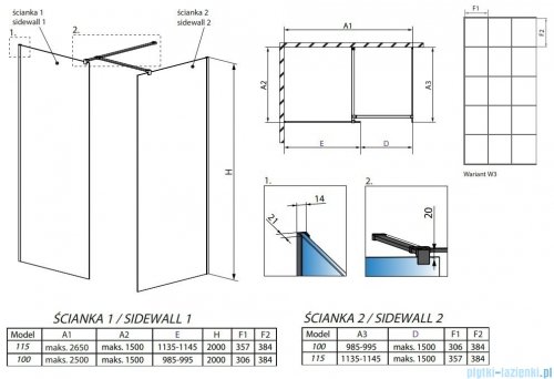 Radaway Modo New Black III kabina Walk-in 115x100x200 Factory rysunek techniczny