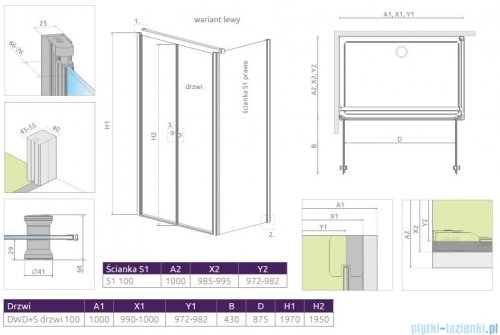 Radaway Eos II DWD+S Kabina 100x100 lewa szkło przejrzyste + brodzik Delos C + syfon 3799492-01/3799412-01R/SDC1010-01