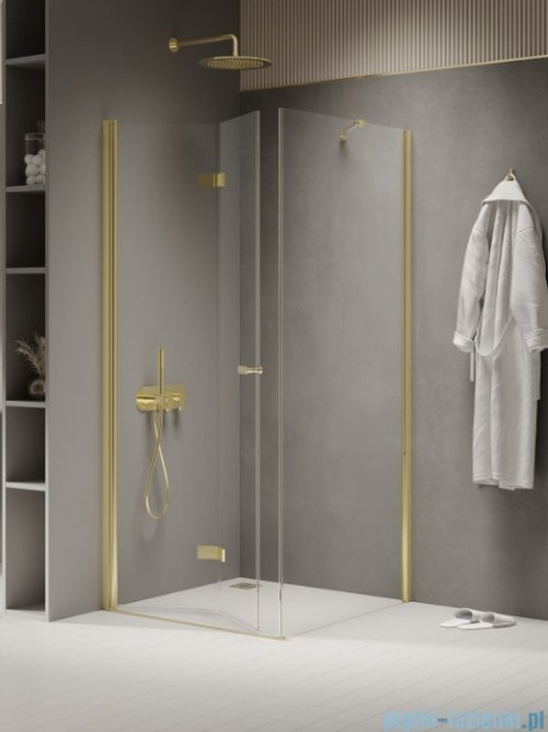 New Trendy New Soleo Light Gold 100x120x195 cm kabina lewa drzwi składane pojedyncze wspornik skośny złoty jasny połysk/szkło przejrzyste  K-1918