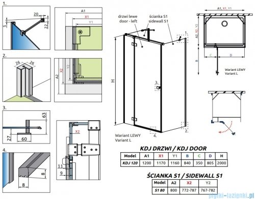 Radaway Essenza Brushed Nickel Kdj+S kabina 80x120x80cm lewa szczotkowany nikiel 1384051-01-01/1385024-91-01L/1384051-01-01