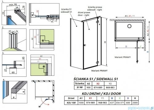 Radaway Essenza 8 Brushed Copper Kdj kabina 100x90cm prawa szczotkowana miedź 10480612-01-01R/10470337-93-01R/10113090-01-01