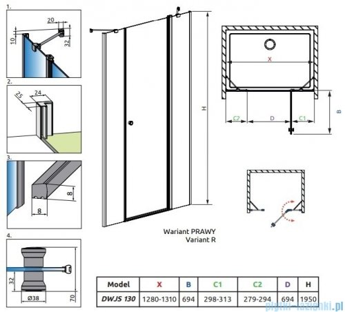 Radaway Eos DWJS drzwi prysznicowe 130 prawe przejrzyste 13799455-01R