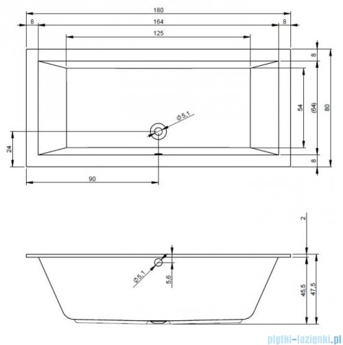 Riho Lugo 180x80cm wanna prostokątna z hydromasażem Pneumatic S2 prawa + nogi + syfon BT02-PNES2-P