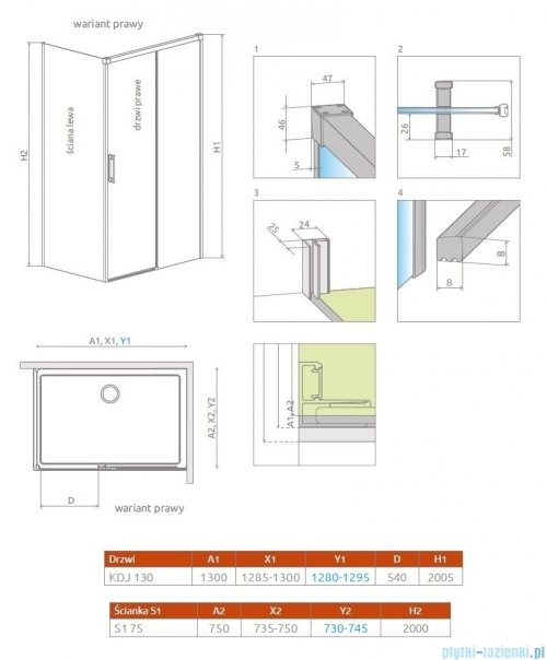 Radaway Idea Gold Kdj kabina 130x75cm prawa złoty połysk/szkło przejrzyste 387043-09-01R/387049-09-01L