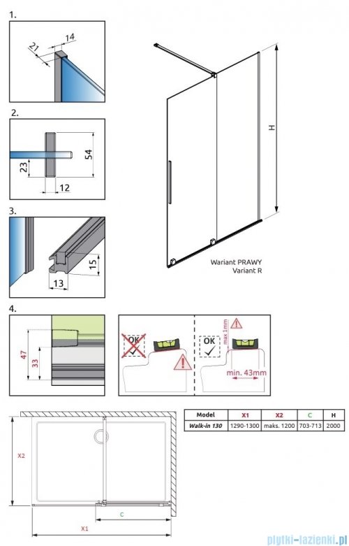 Radaway Furo Brushed Nickel kabina Walk-in 130x200cm prawa szczotkowany nikiel 10106688-91-01R/10110644-01-01
