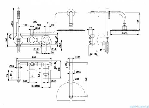KFA MOZA BRUSHED GOLD zestaw prysznicowy podtynkowy z baterią 3-otworową 2-funkcyjną złoty szczotkowany 5039-511-31