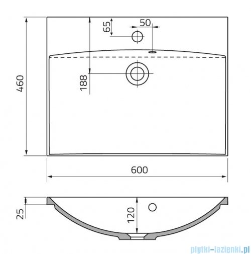 rysunek techniczny Oristo Amelia umywalka meblowa konglomeratowa 60x46cm UME-AM-60-92